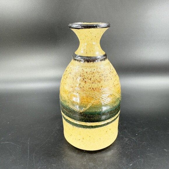 Studio Art Pottery Vase Bottle Shaped Vessel Hand Made Yellow Glazed Carved VTG - Picture 12 of 13